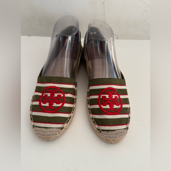 Tory Burch Women’s Size 10 Slip On Espadrilles Green Striped Red Canvas Logo - Picture 3 of 9
